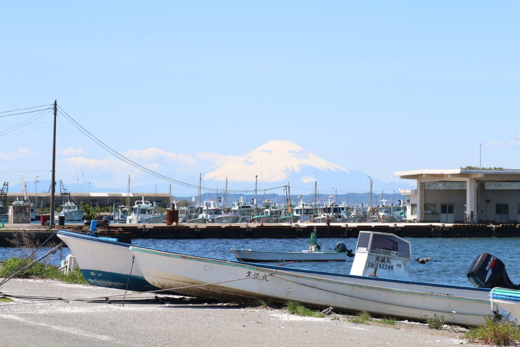 富津漁港と富士山の写真