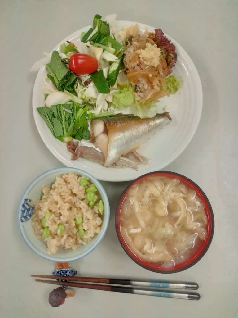 ハンバーグ、鯖の塩焼き、夏野菜のネバサラダ、お味噌汁、ご飯